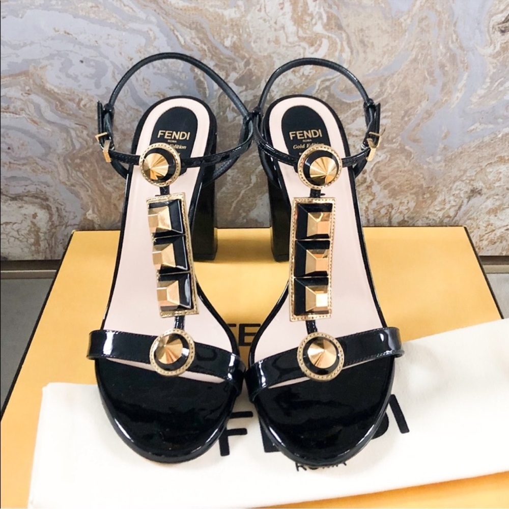 Fendi Gold Spikes Patent Leather Sandals